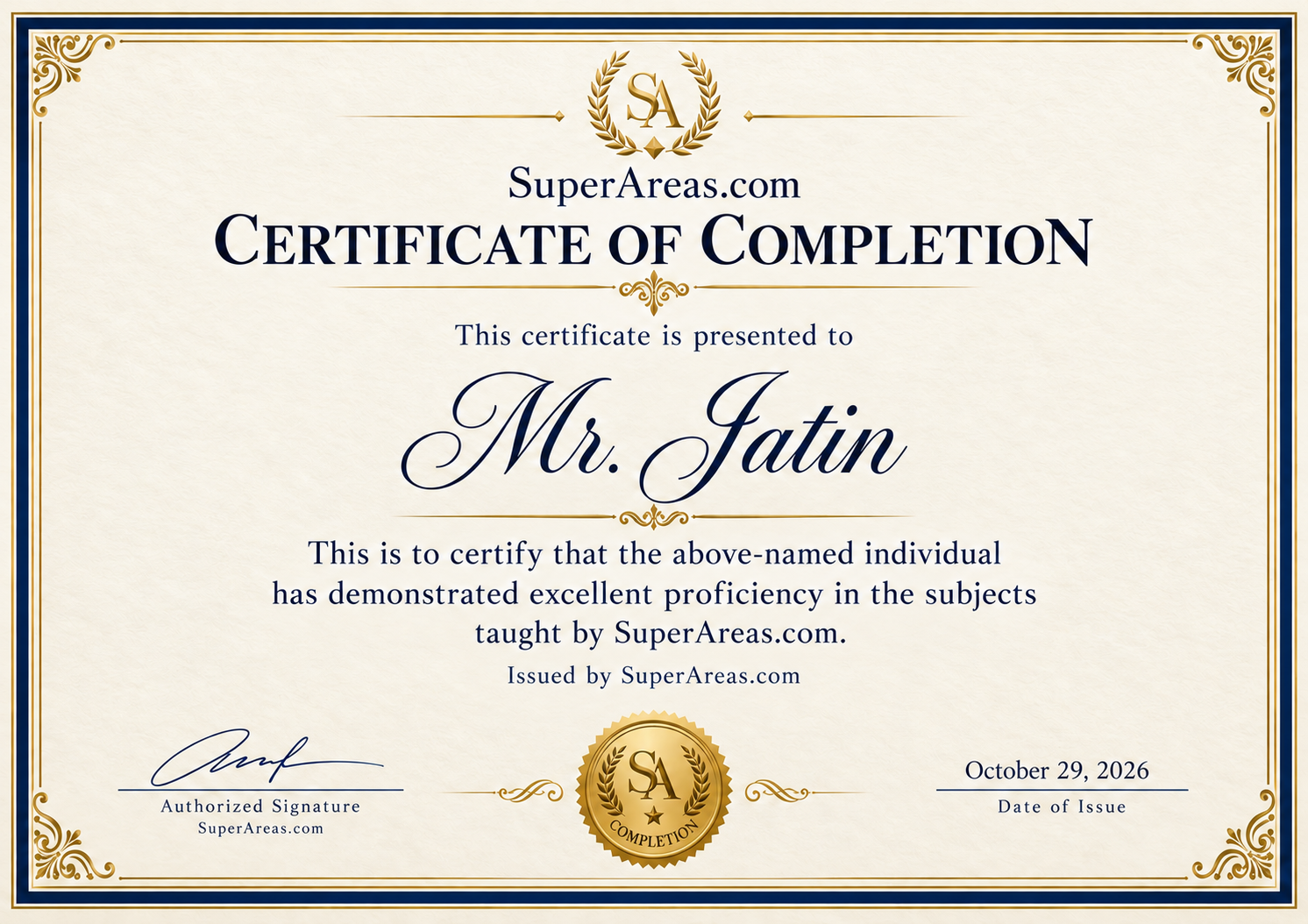 Sample SuperAreas.com certificate of completion presented to Mr. Jatin