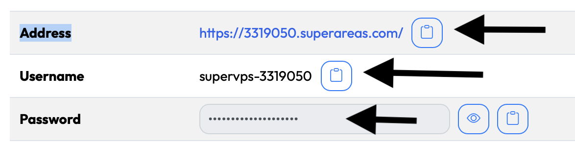 Address, username, and password on the member VPS page