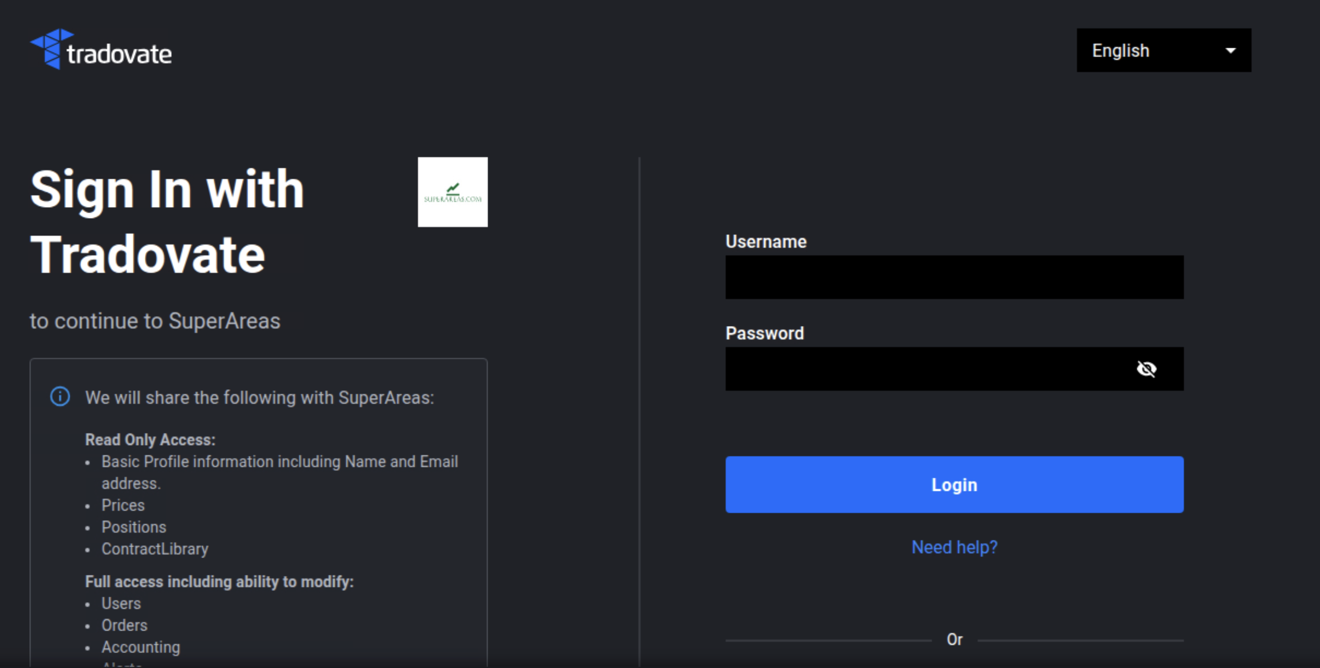 Tradovate sign-in page
